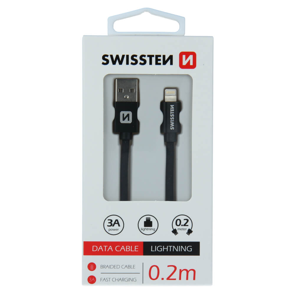 Textilný dátový kábel Swissten USB / LIGHTNING 0,2 M - čierny